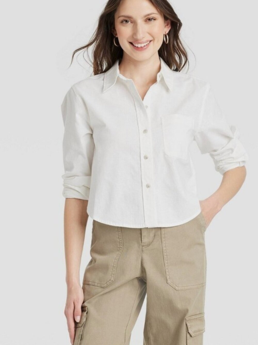 Universal Thread Cropped Cotton/Line Button Down Shirt - sz Large